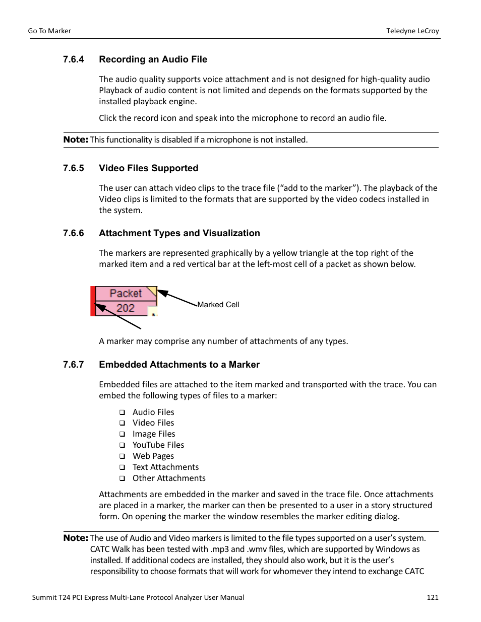 4 recording an audio file, 5 video files supported, 6 attachment types and visualization | 7 embedded attachments to a marker | Teledyne LeCroy Summit T24 PCIe Multi-lane Protocol Analyzer User Manual User Manual | Page 133 / 244