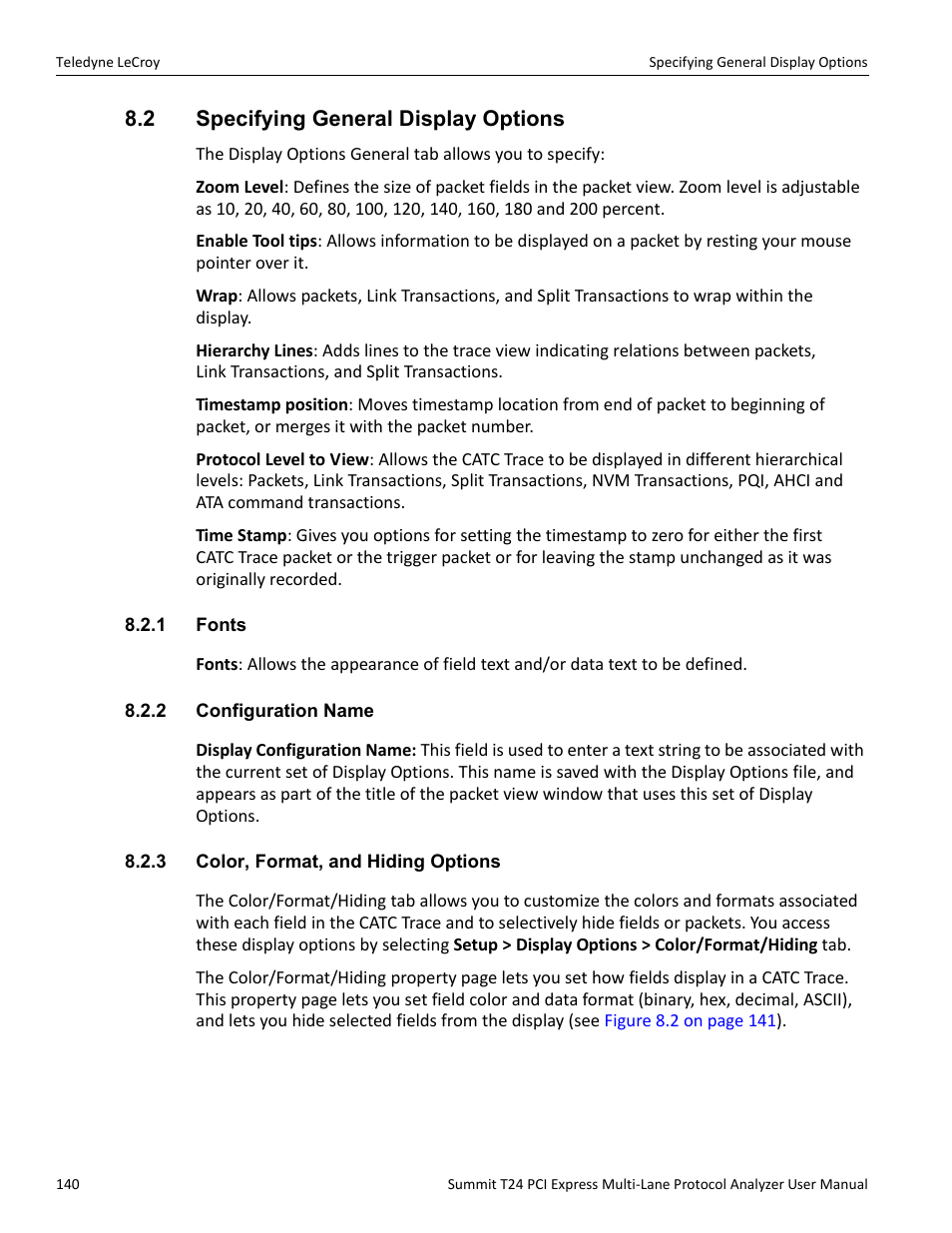 2 specifying general display options, 1 fonts, 2 configuration name | 3 color, format, and hiding options | Teledyne LeCroy Summit T24 PCIe Multi-lane Protocol Analyzer User Manual User Manual | Page 152 / 244