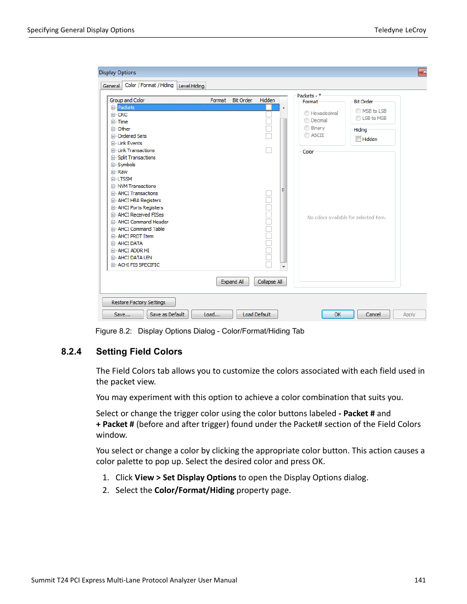 4 setting field colors | Teledyne LeCroy Summit T24 PCIe Multi-lane Protocol Analyzer User Manual User Manual | Page 153 / 244