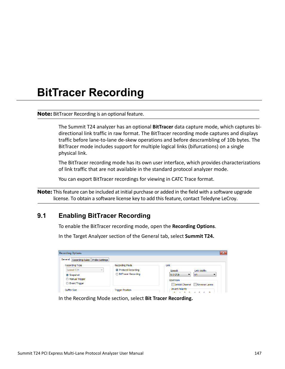 Bittracer recording, 1 enabling bittracer recording, Chapter 9: bittracer recording | Chapter 9 | Teledyne LeCroy Summit T24 PCIe Multi-lane Protocol Analyzer User Manual User Manual | Page 159 / 244