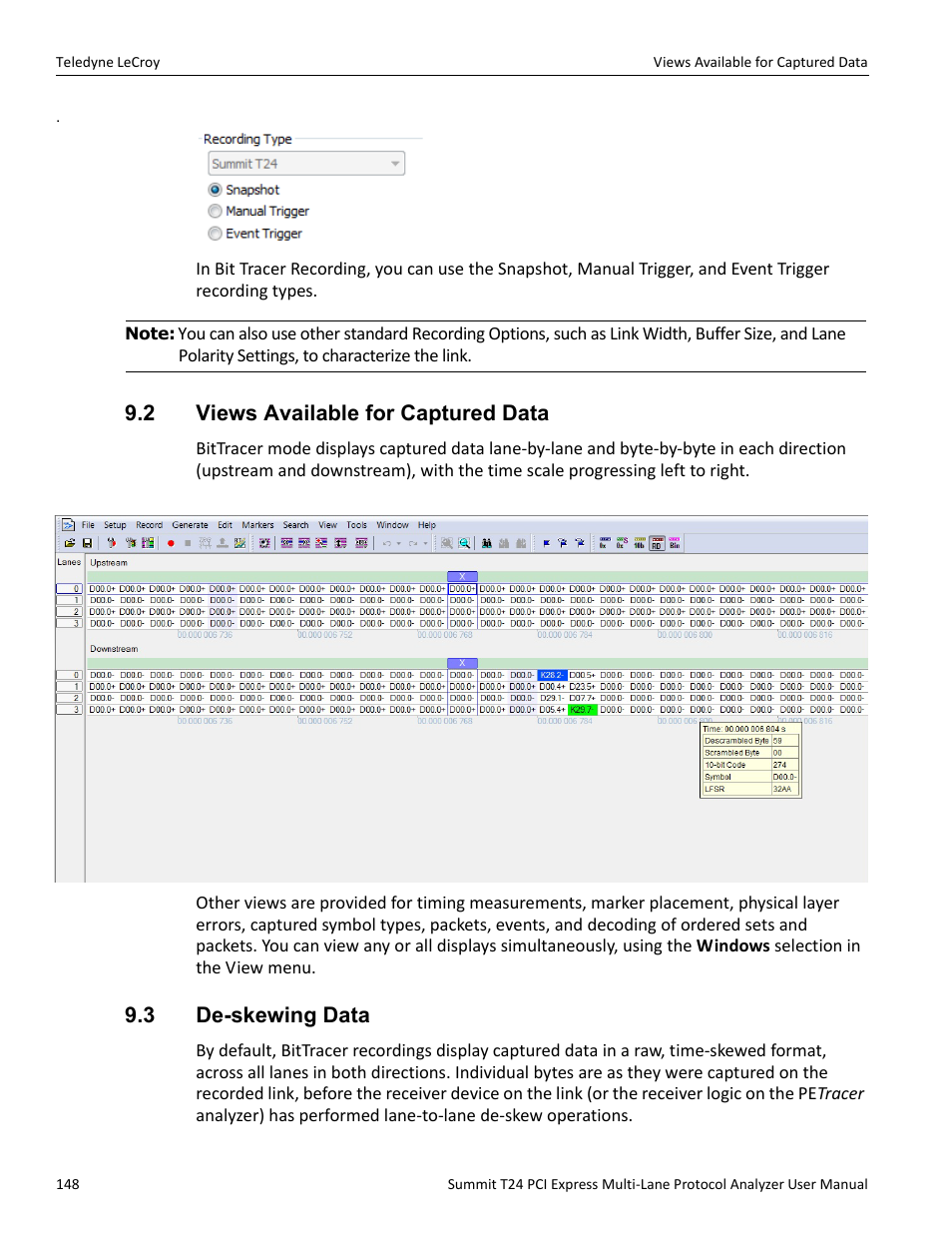 2 views available for captured data, 3 de-skewing data | Teledyne LeCroy Summit T24 PCIe Multi-lane Protocol Analyzer User Manual User Manual | Page 160 / 244