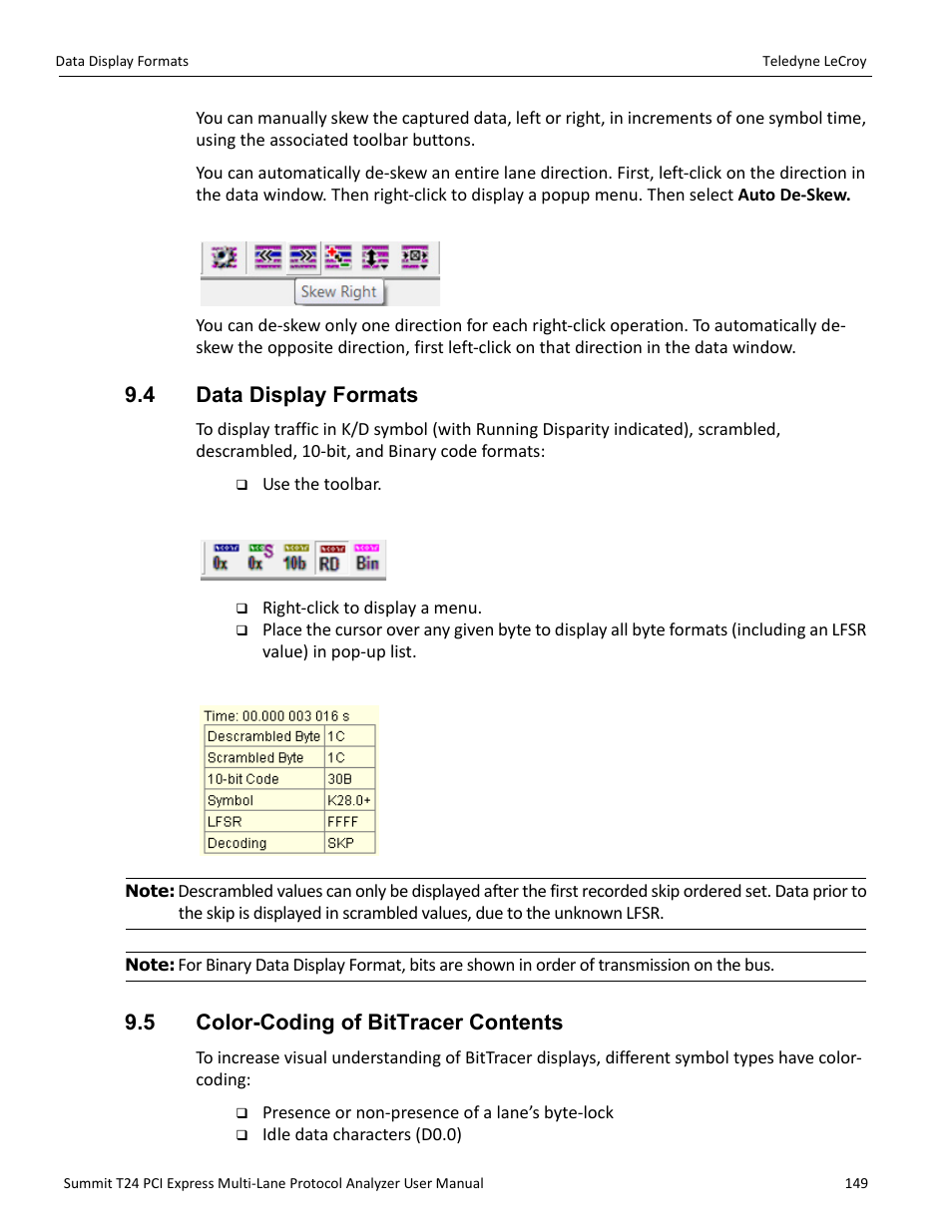 4 data display formats, 5 color-coding of bittracer contents | Teledyne LeCroy Summit T24 PCIe Multi-lane Protocol Analyzer User Manual User Manual | Page 161 / 244