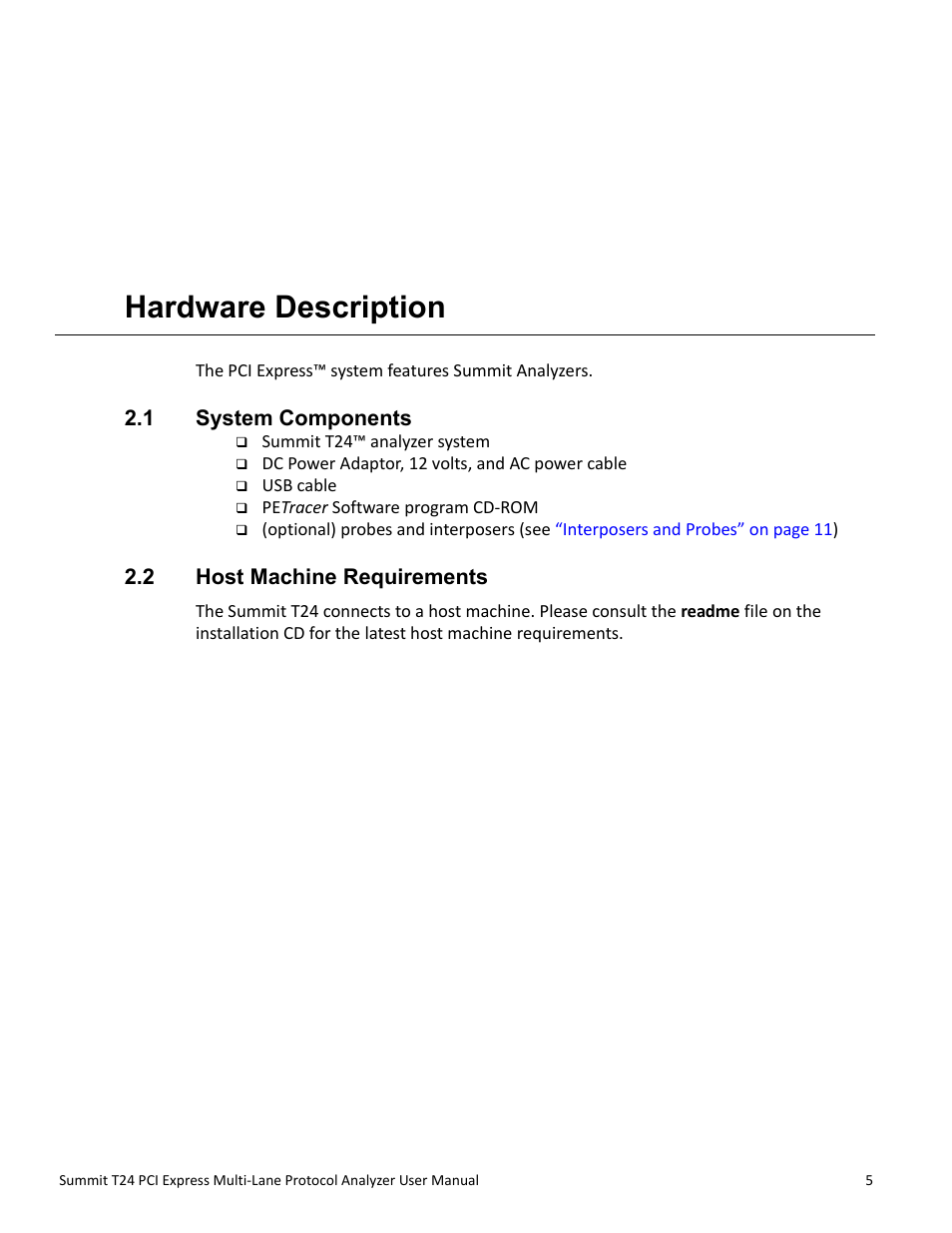 Hardware description, 1 system components, 2 host machine requirements | Chapter 2: hardware description, 1 system components 2.2 host machine requirements, Chapter 2 | Teledyne LeCroy Summit T24 PCIe Multi-lane Protocol Analyzer User Manual User Manual | Page 17 / 244