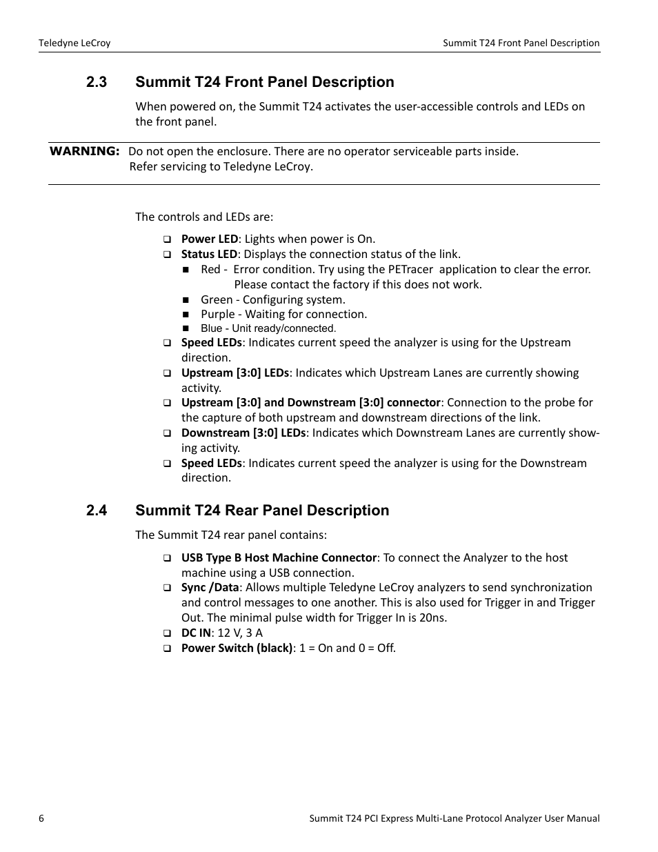 3 summit t24 front panel description, 4 summit t24 rear panel description | Teledyne LeCroy Summit T24 PCIe Multi-lane Protocol Analyzer User Manual User Manual | Page 18 / 244
