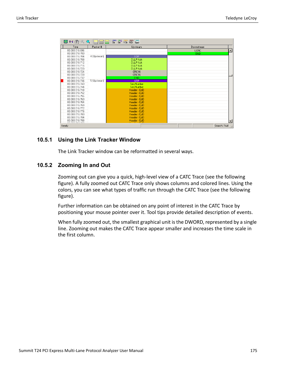 1 using the link tracker window, 2 zooming in and out | Teledyne LeCroy Summit T24 PCIe Multi-lane Protocol Analyzer User Manual User Manual | Page 187 / 244