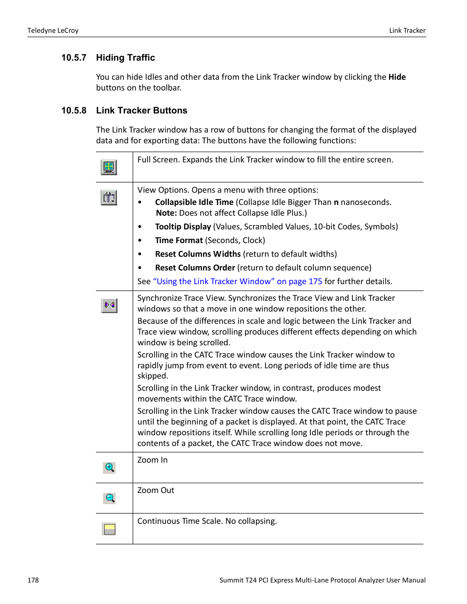 7 hiding traffic, 8 link tracker buttons, 7 hiding traffic 10.5.8 link tracker buttons | Teledyne LeCroy Summit T24 PCIe Multi-lane Protocol Analyzer User Manual User Manual | Page 190 / 244