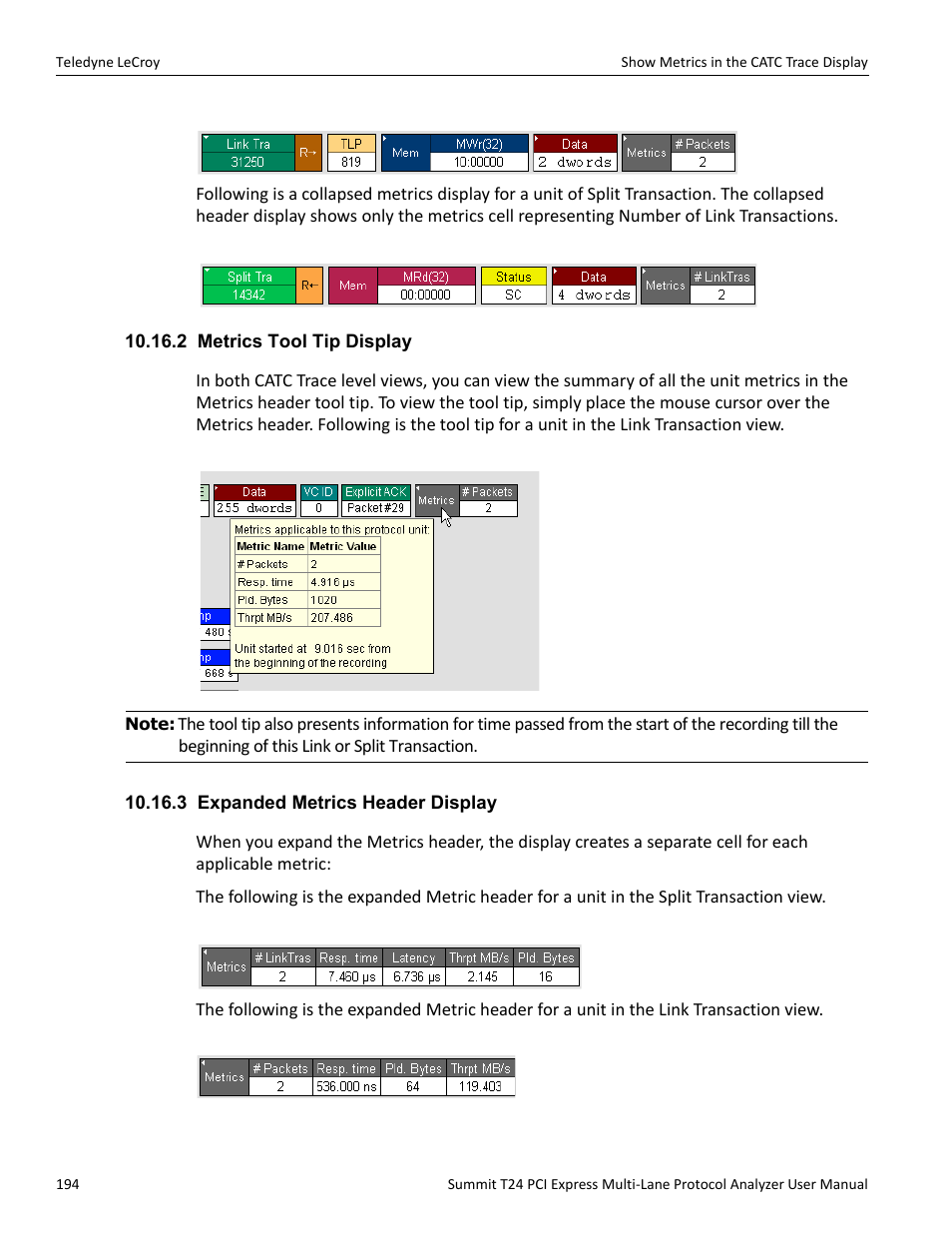 2 metrics tool tip display, 3 expanded metrics header display | Teledyne LeCroy Summit T24 PCIe Multi-lane Protocol Analyzer User Manual User Manual | Page 206 / 244