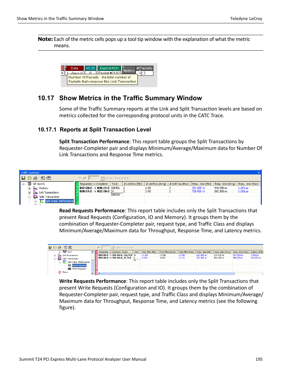 17 show metrics in the traffic summary window, 1 reports at split transaction level | Teledyne LeCroy Summit T24 PCIe Multi-lane Protocol Analyzer User Manual User Manual | Page 207 / 244
