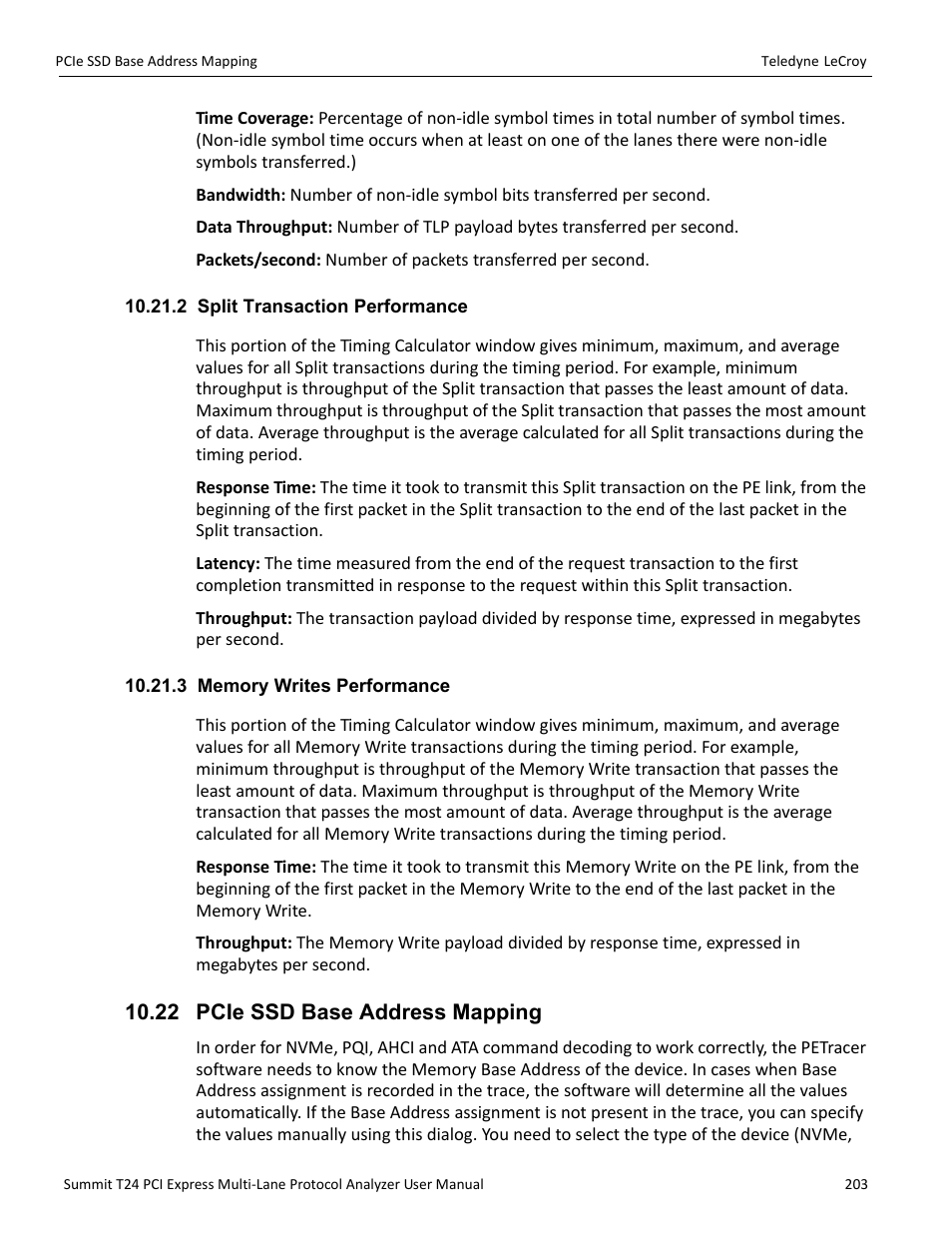 2 split transaction performance, 3 memory writes performance, 22 pcie ssd base address mapping | Teledyne LeCroy Summit T24 PCIe Multi-lane Protocol Analyzer User Manual User Manual | Page 215 / 244