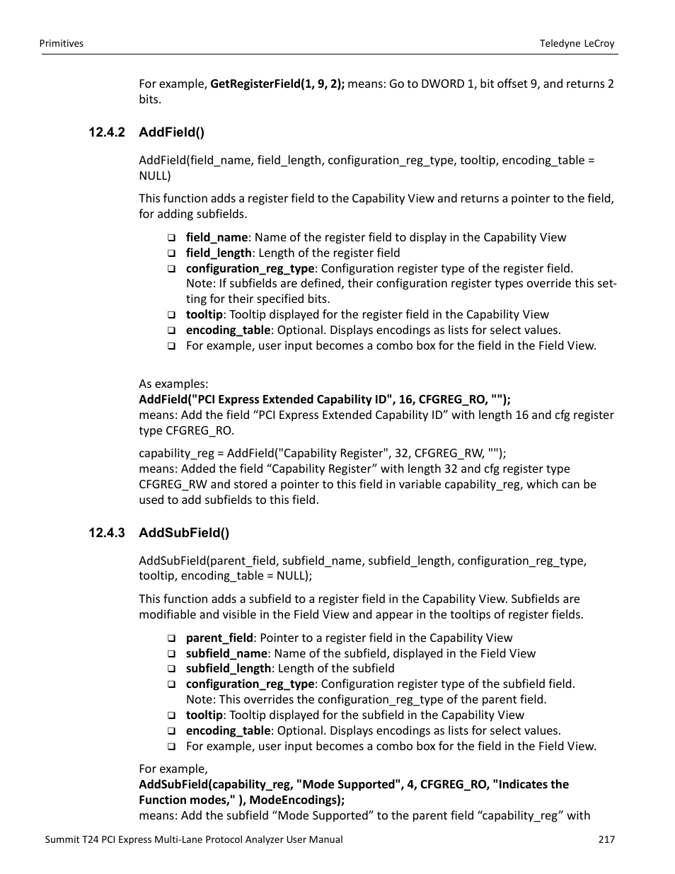 2 addfield(), 3 addsubfield(), 2 addfield() 12.4.3 addsubfield() | Teledyne LeCroy Summit T24 PCIe Multi-lane Protocol Analyzer User Manual User Manual | Page 229 / 244