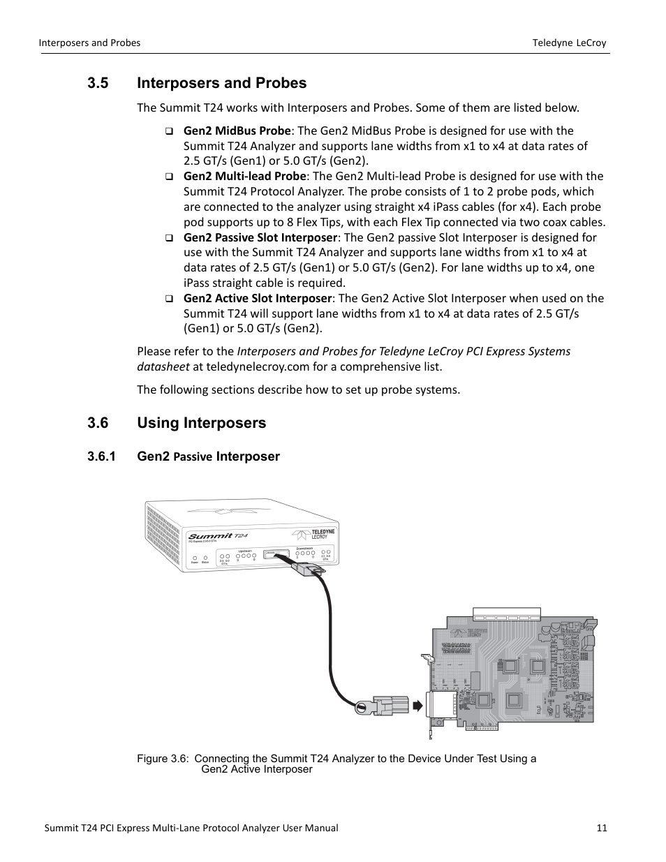 5 interposers and probes, 6 using interposers, 1 gen2 passive interposer | 5 interposers and probes 3.6 using interposers | Teledyne LeCroy Summit T24 PCIe Multi-lane Protocol Analyzer User Manual User Manual | Page 23 / 244