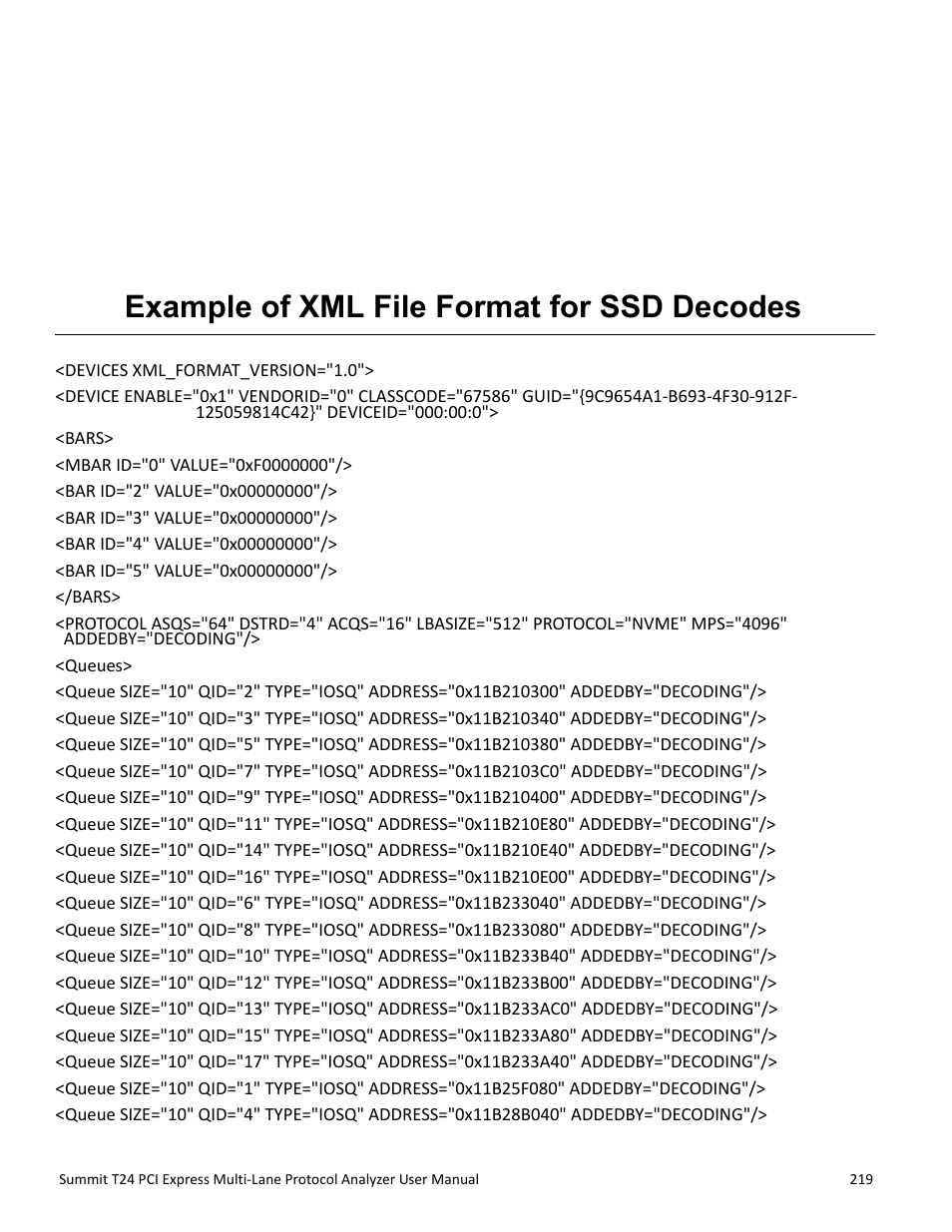 Example of xml file format for ssd decodes, Appendix b | Teledyne LeCroy Summit T24 PCIe Multi-lane Protocol Analyzer User Manual User Manual | Page 231 / 244