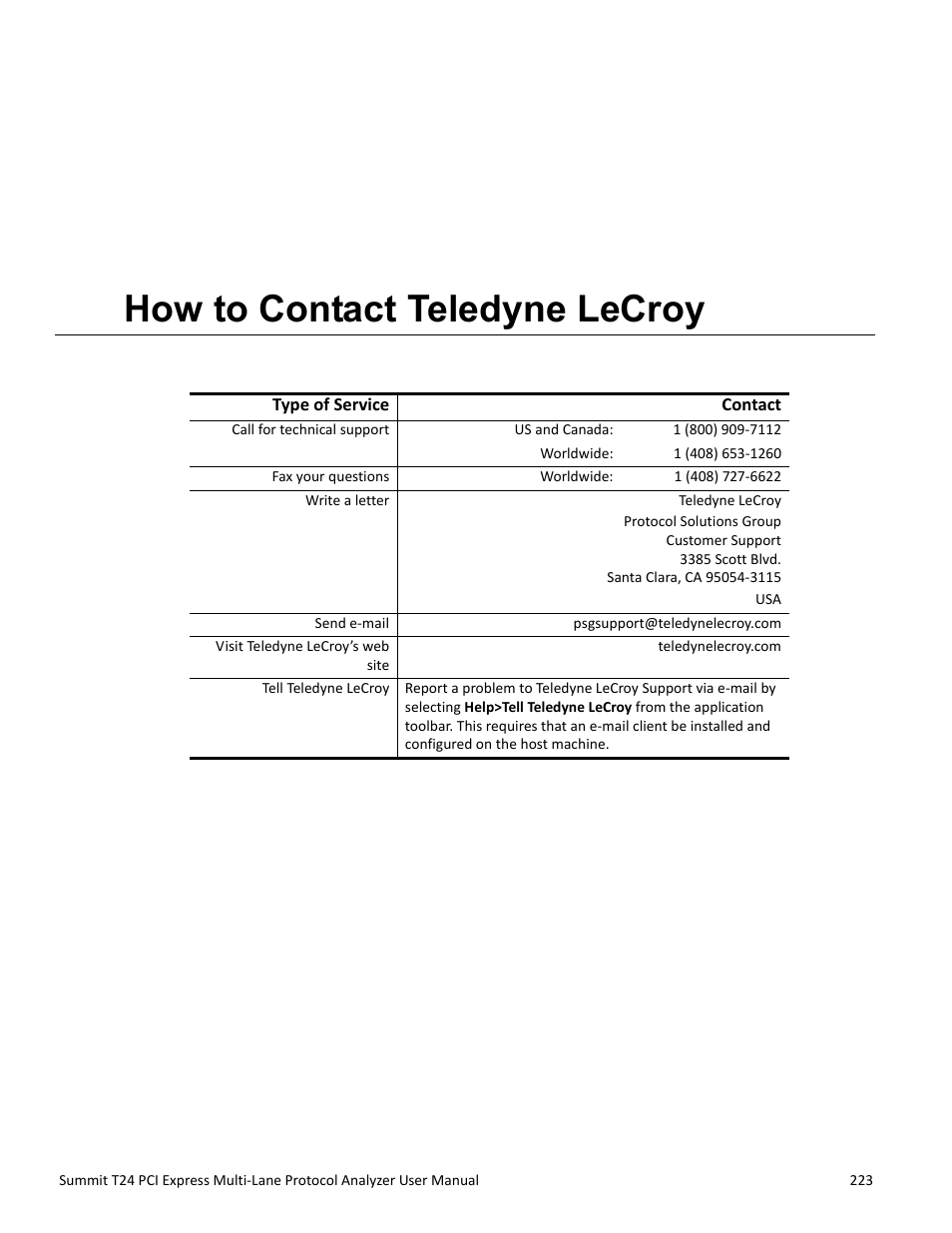 How to contact teledyne lecroy, Appendix d: how to contact teledyne lecroy, Appendix d | Teledyne LeCroy Summit T24 PCIe Multi-lane Protocol Analyzer User Manual User Manual | Page 235 / 244