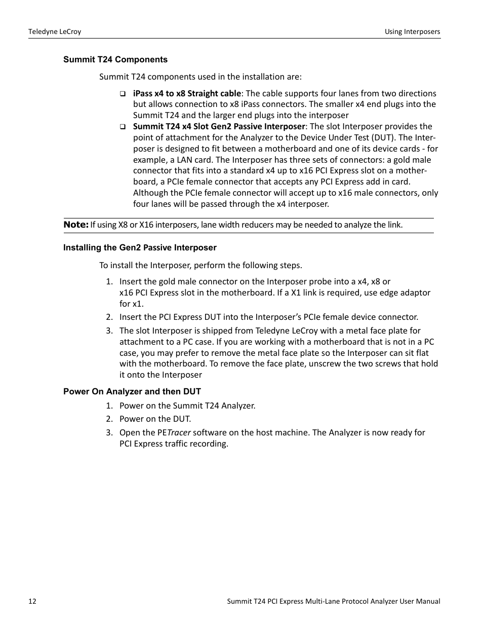 Summit t24 components, Installing the gen2 passive interposer, Power on analyzer and then dut | Teledyne LeCroy Summit T24 PCIe Multi-lane Protocol Analyzer User Manual User Manual | Page 24 / 244