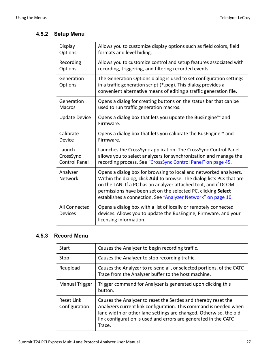2 setup menu, 3 record menu, 2 setup menu 4.5.3 record menu | Teledyne LeCroy Summit T24 PCIe Multi-lane Protocol Analyzer User Manual User Manual | Page 39 / 244