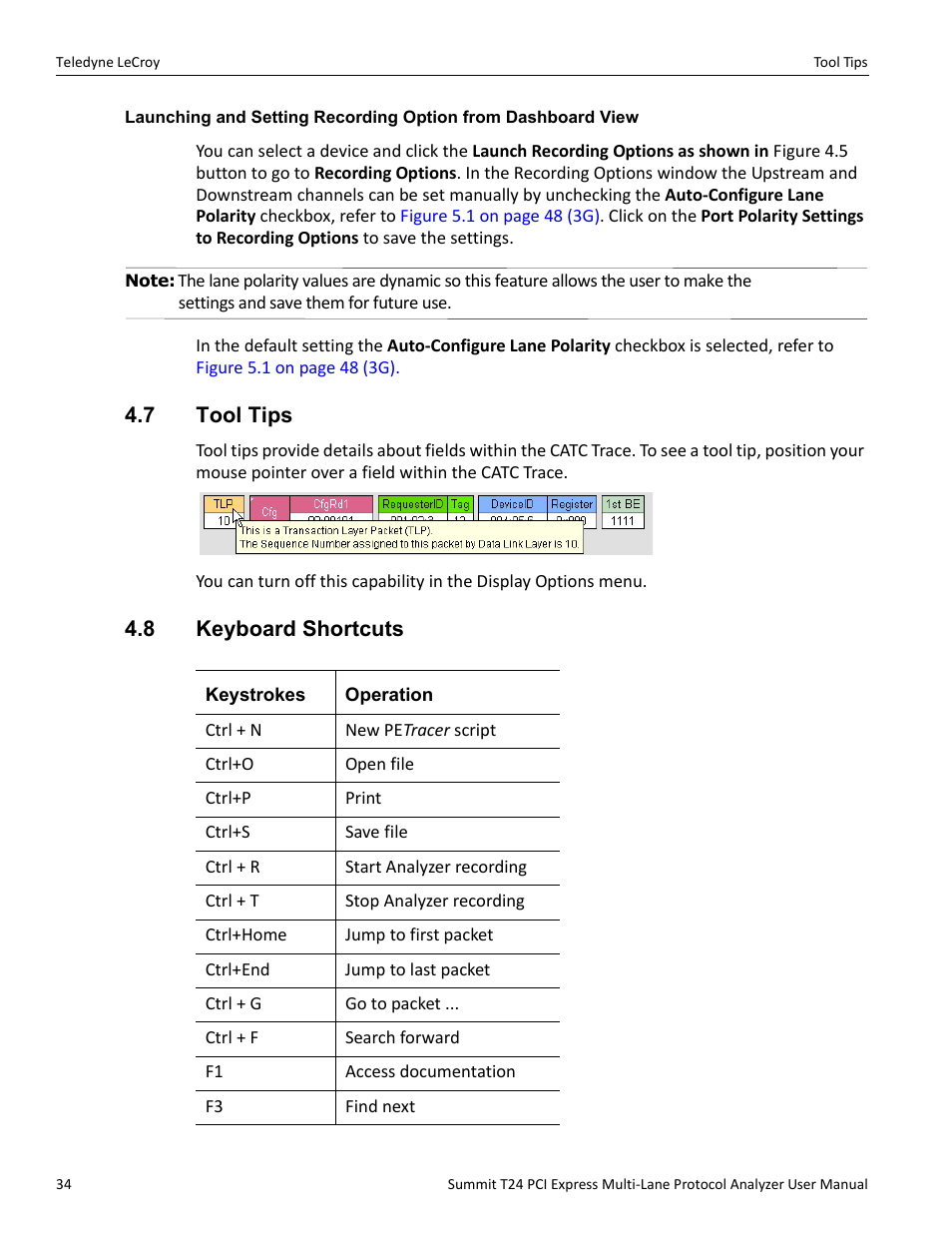 7 tool tips, 8 keyboard shortcuts, 7 tool tips 4.8 keyboard shortcuts | Teledyne LeCroy Summit T24 PCIe Multi-lane Protocol Analyzer User Manual User Manual | Page 46 / 244