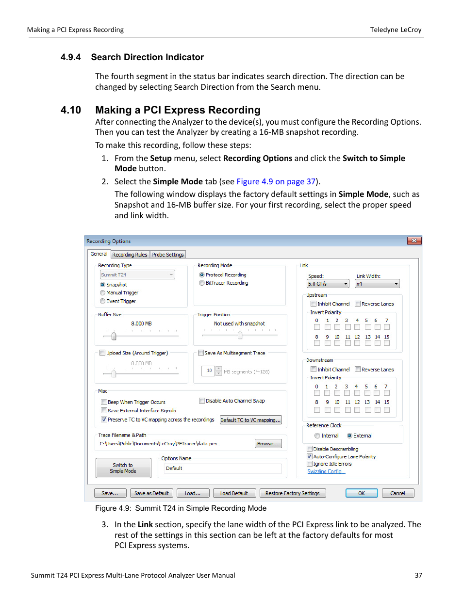 4 search direction indicator, 10 making a pci express recording | Teledyne LeCroy Summit T24 PCIe Multi-lane Protocol Analyzer User Manual User Manual | Page 49 / 244