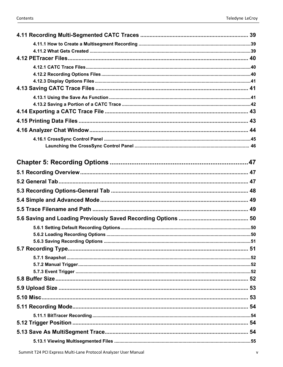 Chapter 5: recording options | Teledyne LeCroy Summit T24 PCIe Multi-lane Protocol Analyzer User Manual User Manual | Page 5 / 244