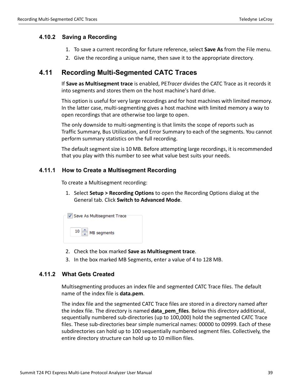 2 saving a recording, 11 recording multi-segmented catc traces, 1 how to create a multisegment recording | 2 what gets created | Teledyne LeCroy Summit T24 PCIe Multi-lane Protocol Analyzer User Manual User Manual | Page 51 / 244