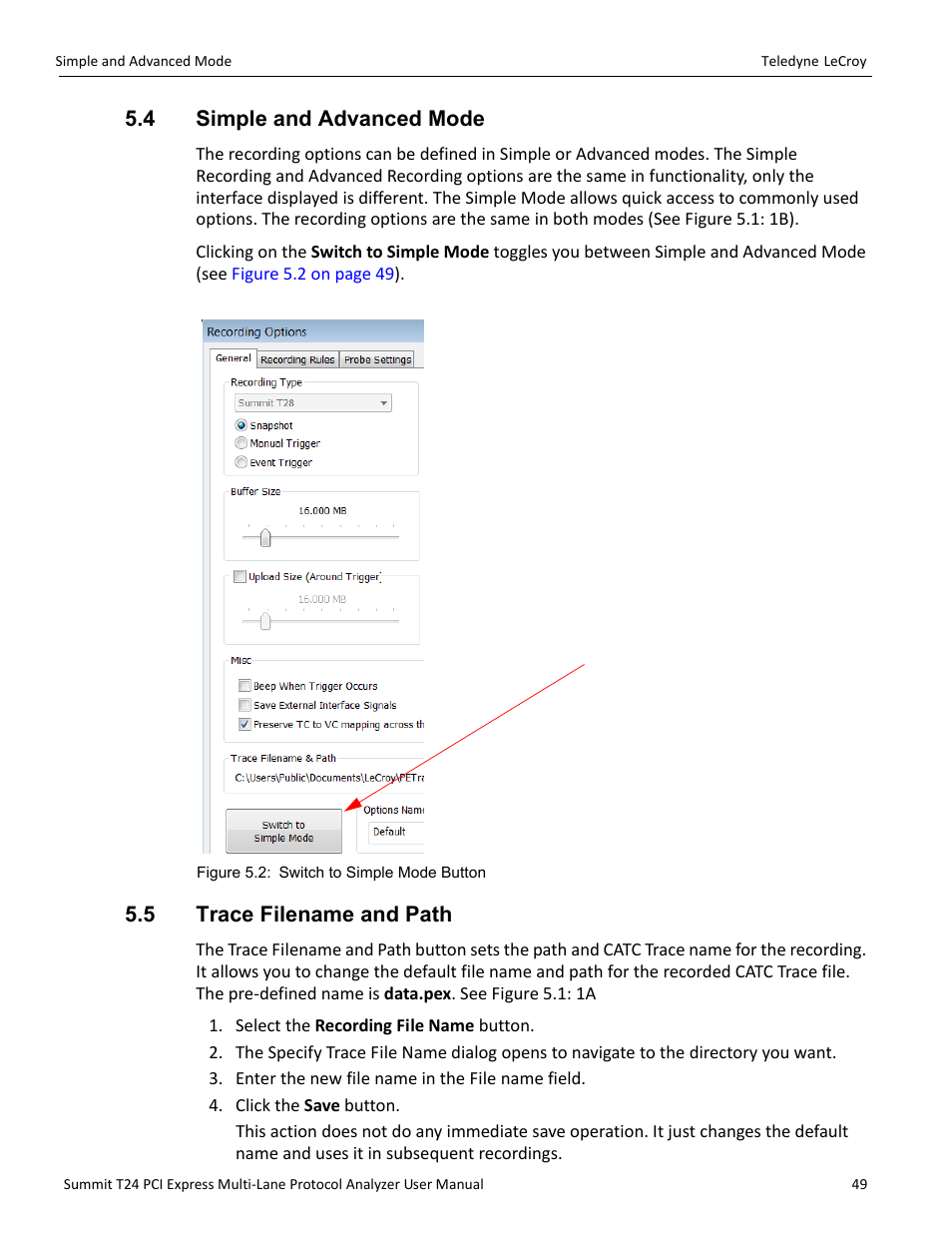 4 simple and advanced mode, 5 trace filename and path | Teledyne LeCroy Summit T24 PCIe Multi-lane Protocol Analyzer User Manual User Manual | Page 61 / 244