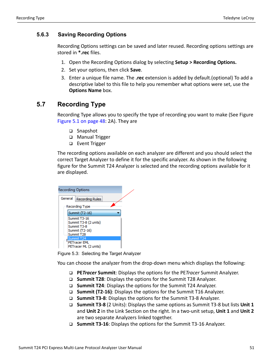 3 saving recording options, 7 recording type | Teledyne LeCroy Summit T24 PCIe Multi-lane Protocol Analyzer User Manual User Manual | Page 63 / 244