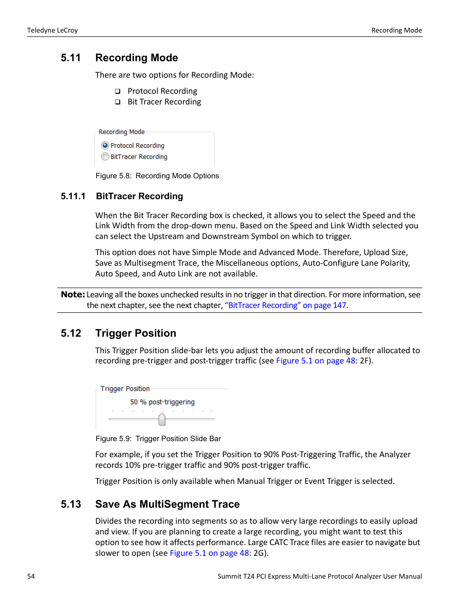 11 recording mode, 1 bittracer recording, 12 trigger position | 13 save as multisegment trace | Teledyne LeCroy Summit T24 PCIe Multi-lane Protocol Analyzer User Manual User Manual | Page 66 / 244
