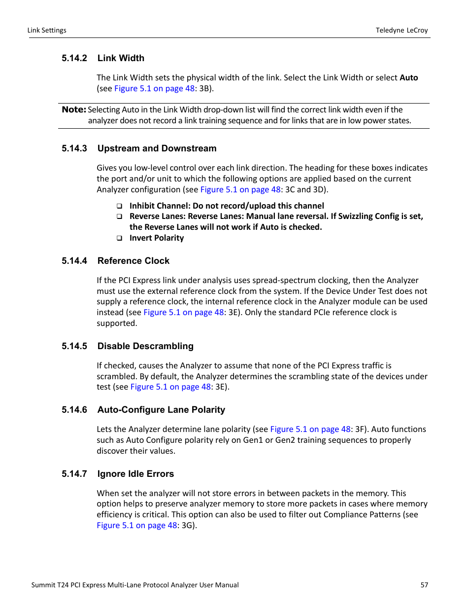 2 link width, 3 upstream and downstream, 4 reference clock | 5 disable descrambling, 6 auto-configure lane polarity, 7 ignore idle errors | Teledyne LeCroy Summit T24 PCIe Multi-lane Protocol Analyzer User Manual User Manual | Page 69 / 244