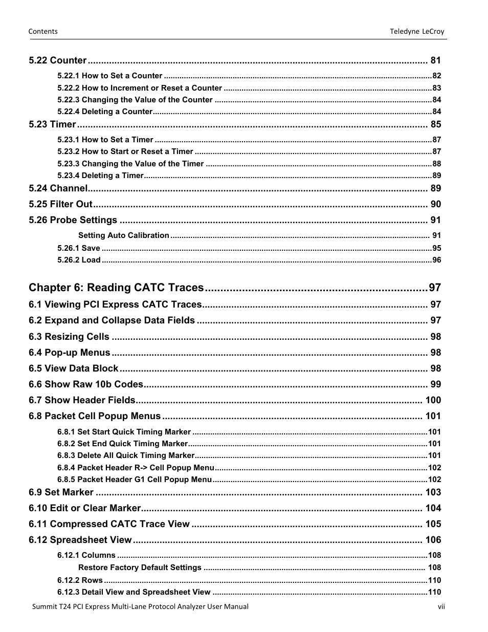 Chapter 6: reading catc traces | Teledyne LeCroy Summit T24 PCIe Multi-lane Protocol Analyzer User Manual User Manual | Page 7 / 244