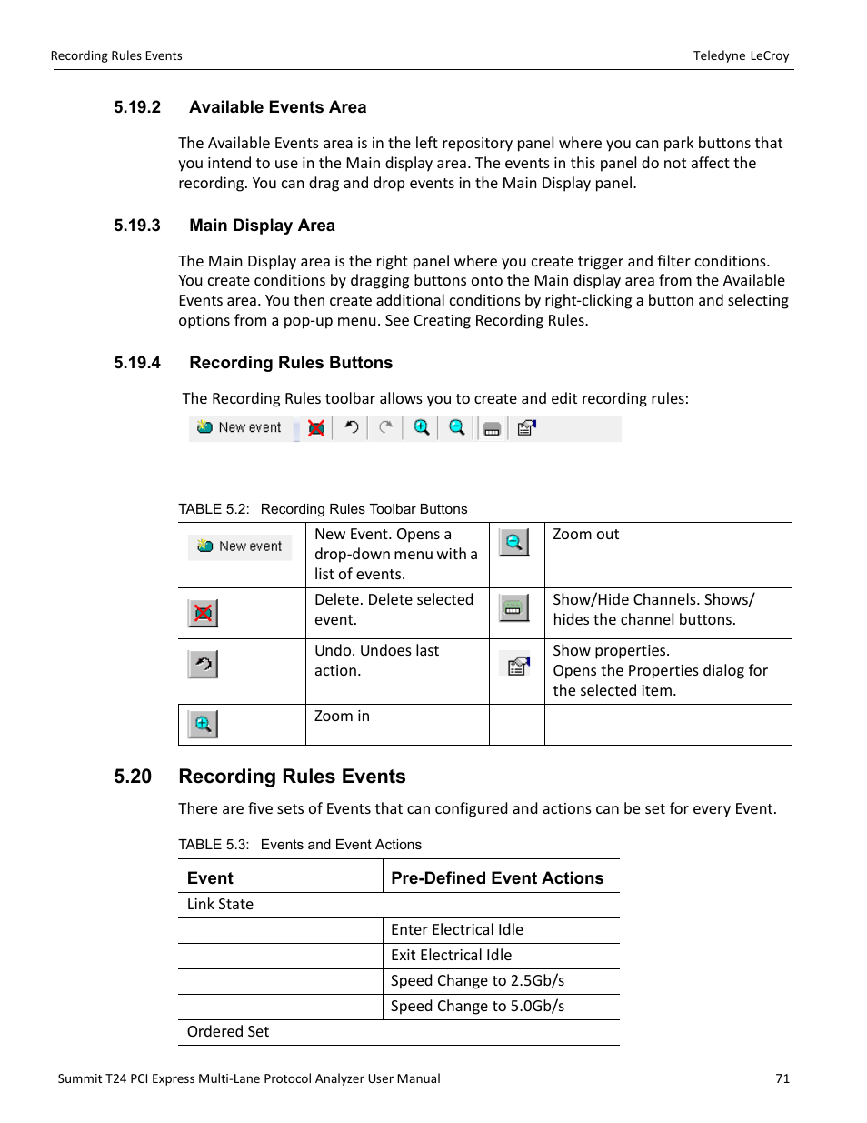 2 available events area, 3 main display area, 4 recording rules buttons | 20 recording rules events | Teledyne LeCroy Summit T24 PCIe Multi-lane Protocol Analyzer User Manual User Manual | Page 83 / 244