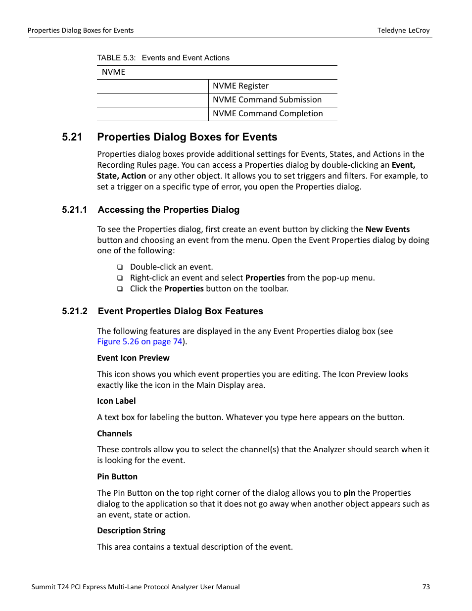 21 properties dialog boxes for events, 1 accessing the properties dialog, 2 event properties dialog box features | Teledyne LeCroy Summit T24 PCIe Multi-lane Protocol Analyzer User Manual User Manual | Page 85 / 244