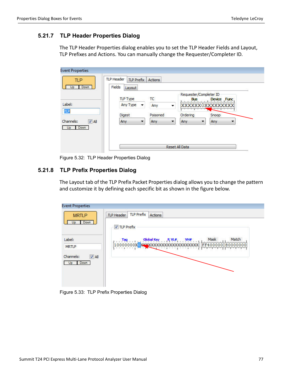7 tlp header properties dialog, 8 tlp prefix properties dialog | Teledyne LeCroy Summit T24 PCIe Multi-lane Protocol Analyzer User Manual User Manual | Page 89 / 244