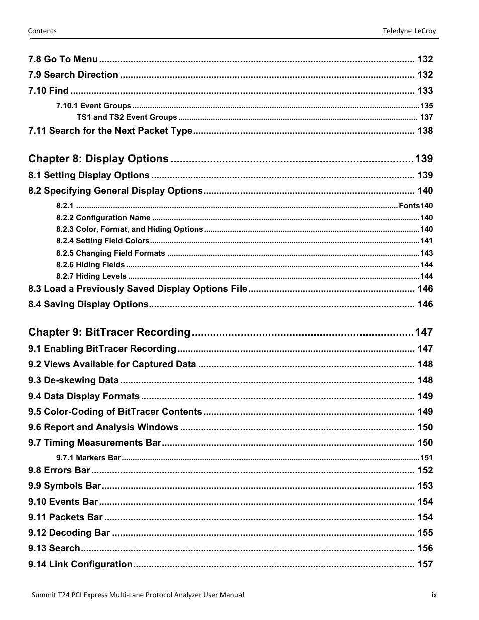 Chapter 8: display options, Chapter 9: bittracer recording | Teledyne LeCroy Summit T24 PCIe Multi-lane Protocol Analyzer User Manual User Manual | Page 9 / 244