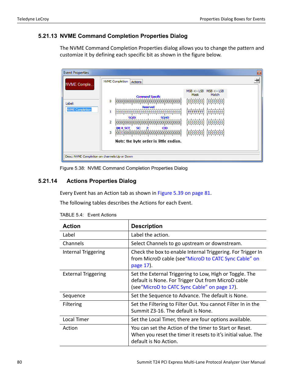 13 nvme command completion properties dialog, 14 actions properties dialog | Teledyne LeCroy Summit T24 PCIe Multi-lane Protocol Analyzer User Manual User Manual | Page 92 / 244