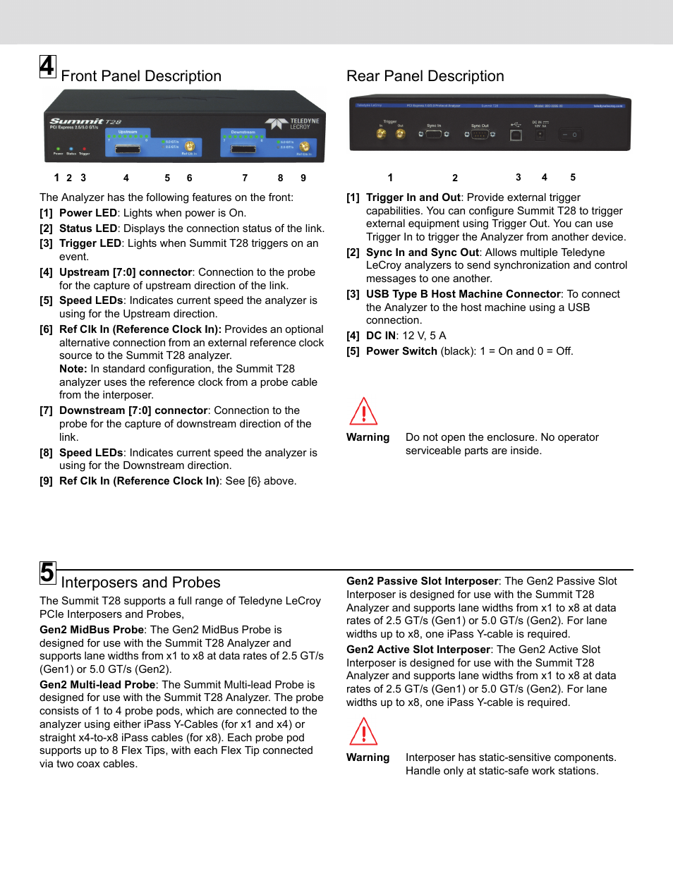 Front panel description, Rear panel description, Interposers and probes | Teledyne LeCroy Summit T28 PCIe Multi-lane Protocol Analyzer QSG User Manual | Page 2 / 4