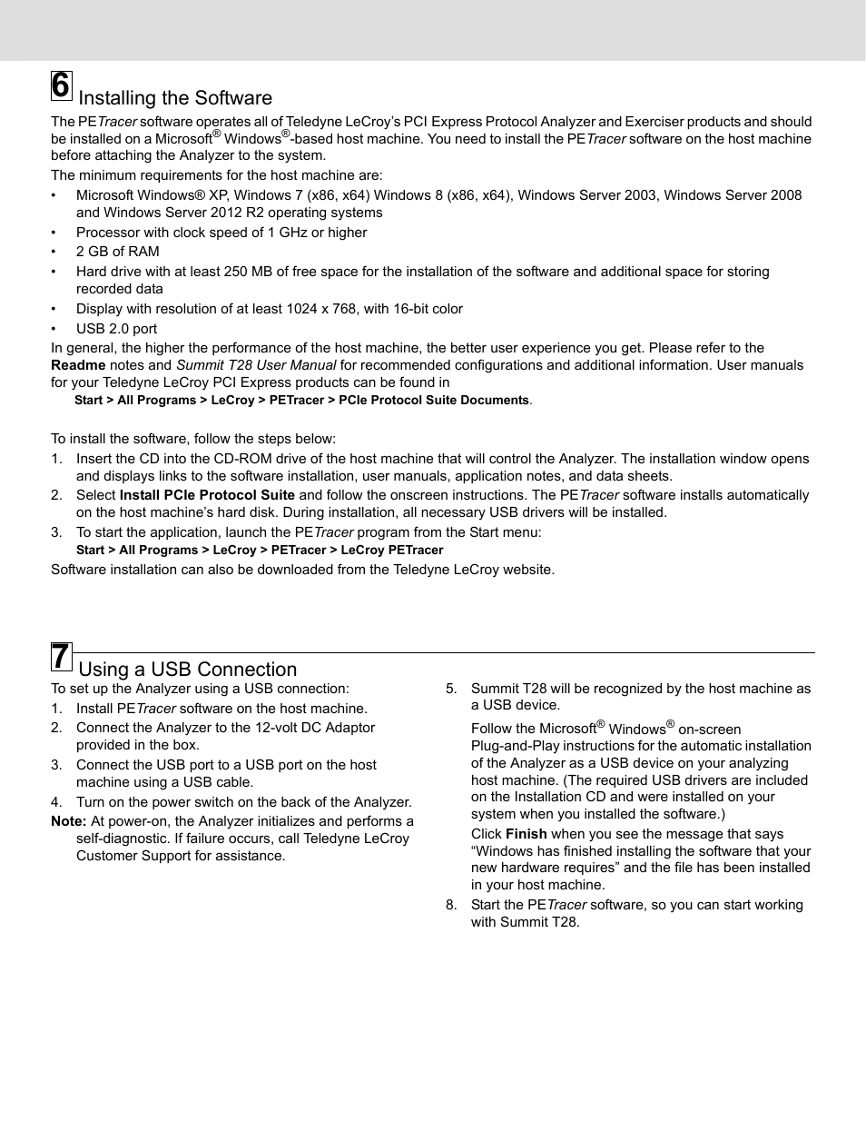 Installing the software, Using a usb connection | Teledyne LeCroy Summit T28 PCIe Multi-lane Protocol Analyzer QSG User Manual | Page 3 / 4