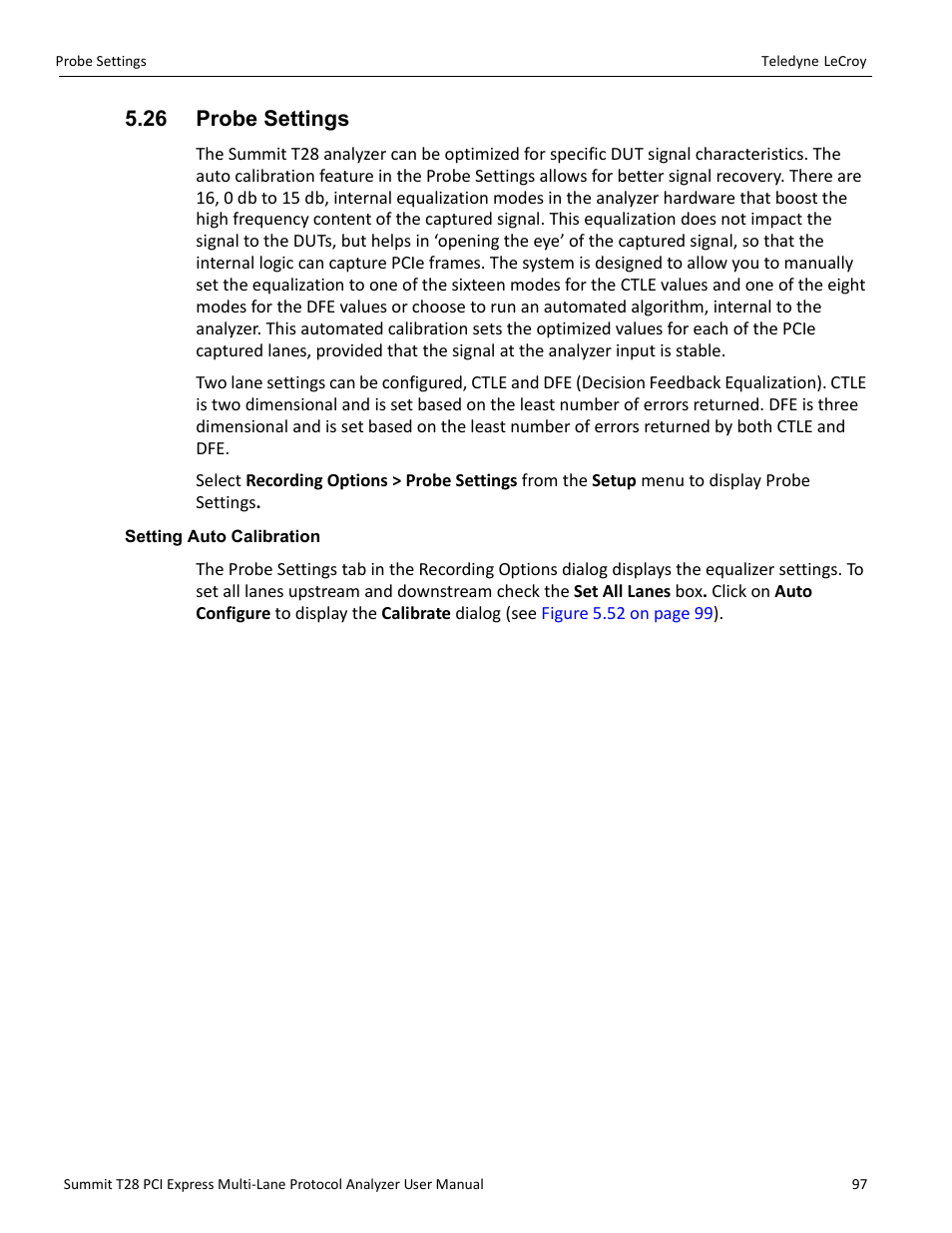 26 probe settings, Setting auto calibration | Teledyne LeCroy Summit T28 PCIe Multi-lane Protocol Analyzer User Manual User Manual | Page 109 / 256