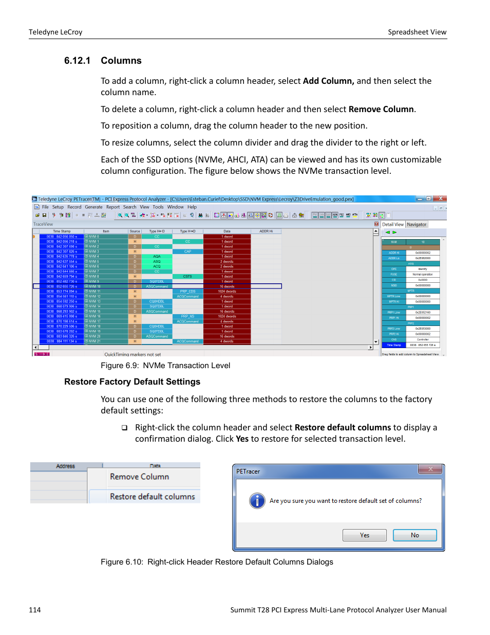 1 columns, Restore factory default settings | Teledyne LeCroy Summit T28 PCIe Multi-lane Protocol Analyzer User Manual User Manual | Page 126 / 256