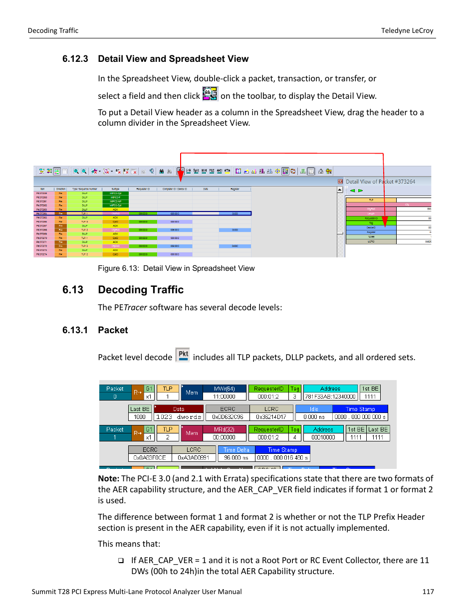 3 detail view and spreadsheet view, 13 decoding traffic, 1 packet | Teledyne LeCroy Summit T28 PCIe Multi-lane Protocol Analyzer User Manual User Manual | Page 129 / 256