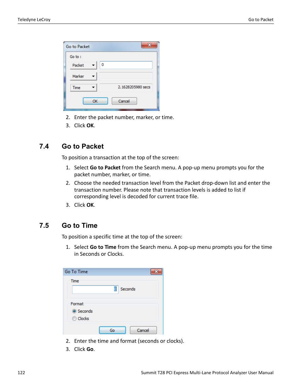 4 go to packet, 5 go to time, 4 go to packet 7.5 go to time | Teledyne LeCroy Summit T28 PCIe Multi-lane Protocol Analyzer User Manual User Manual | Page 134 / 256