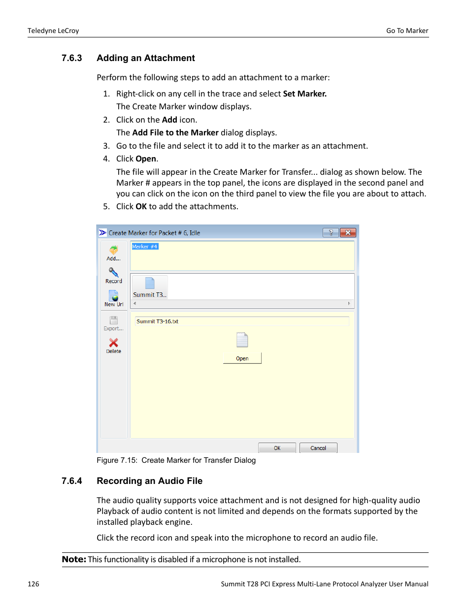 3 adding an attachment, 4 recording an audio file | Teledyne LeCroy Summit T28 PCIe Multi-lane Protocol Analyzer User Manual User Manual | Page 138 / 256