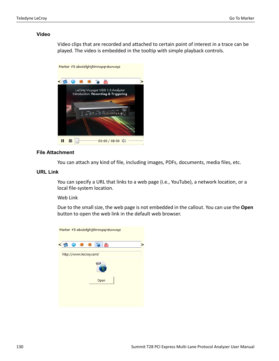 Video, File attachment, Url link | Video file attachment url link | Teledyne LeCroy Summit T28 PCIe Multi-lane Protocol Analyzer User Manual User Manual | Page 142 / 256