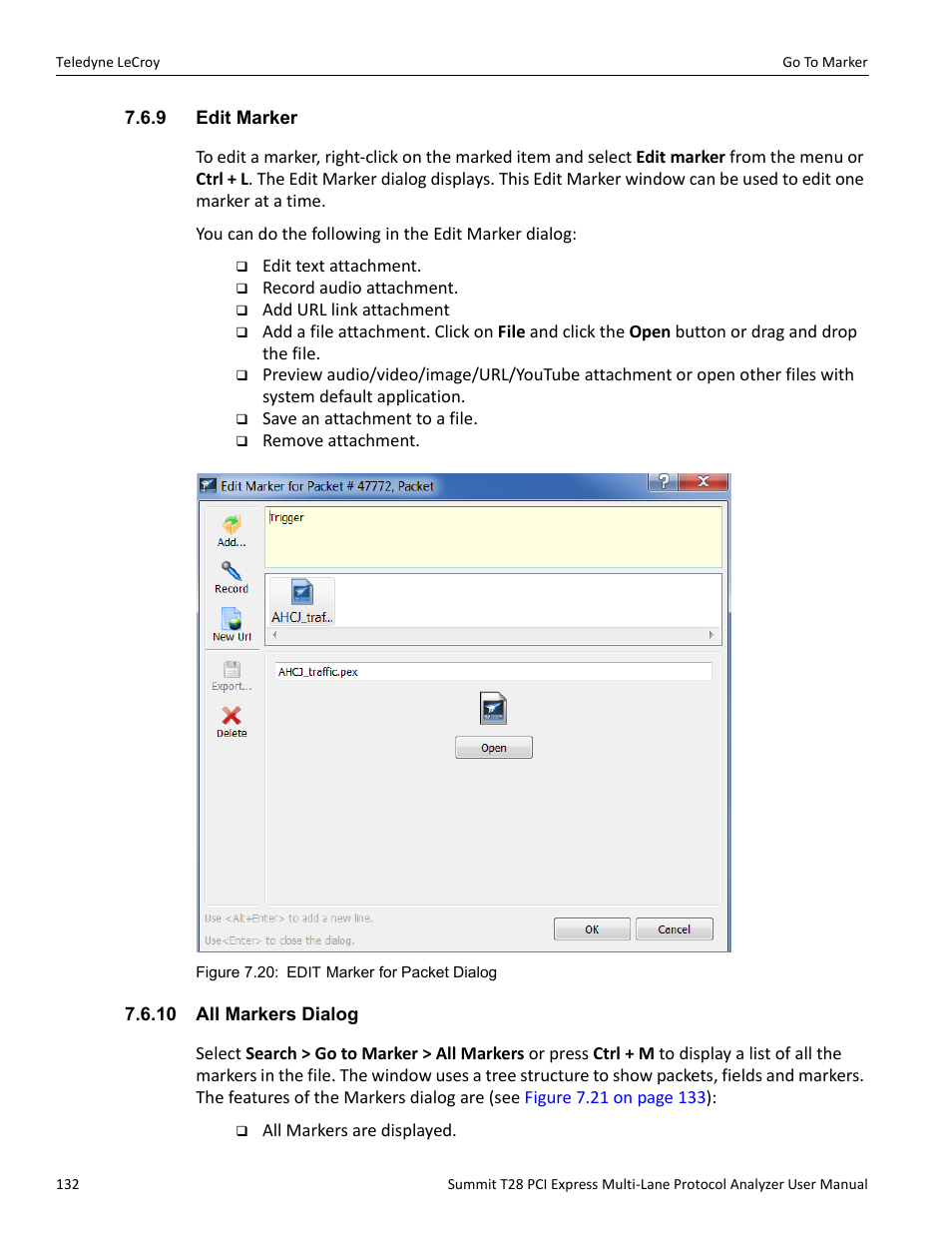 9 edit marker, 10 all markers dialog, 9 edit marker 7.6.10 all markers dialog | Teledyne LeCroy Summit T28 PCIe Multi-lane Protocol Analyzer User Manual User Manual | Page 144 / 256