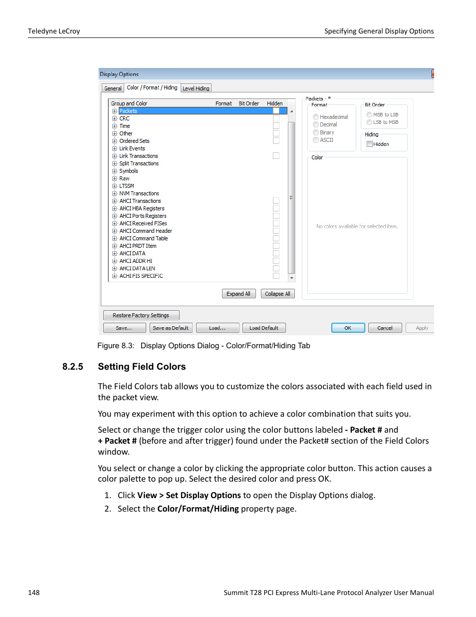 5 setting field colors | Teledyne LeCroy Summit T28 PCIe Multi-lane Protocol Analyzer User Manual User Manual | Page 160 / 256