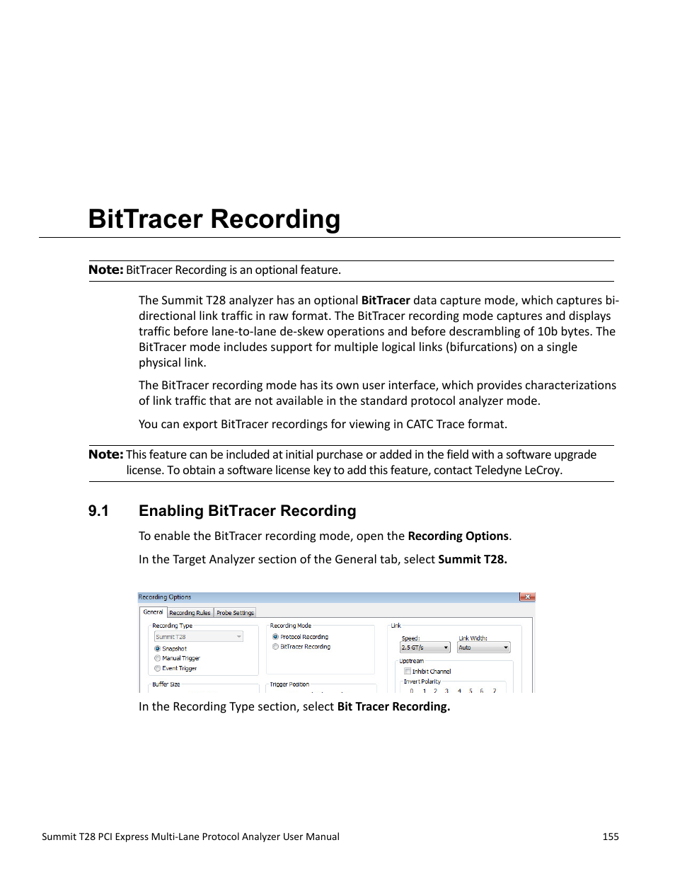 Bittracer recording, 1 enabling bittracer recording, Chapter 9: bittracer recording | Chapter 9 | Teledyne LeCroy Summit T28 PCIe Multi-lane Protocol Analyzer User Manual User Manual | Page 167 / 256