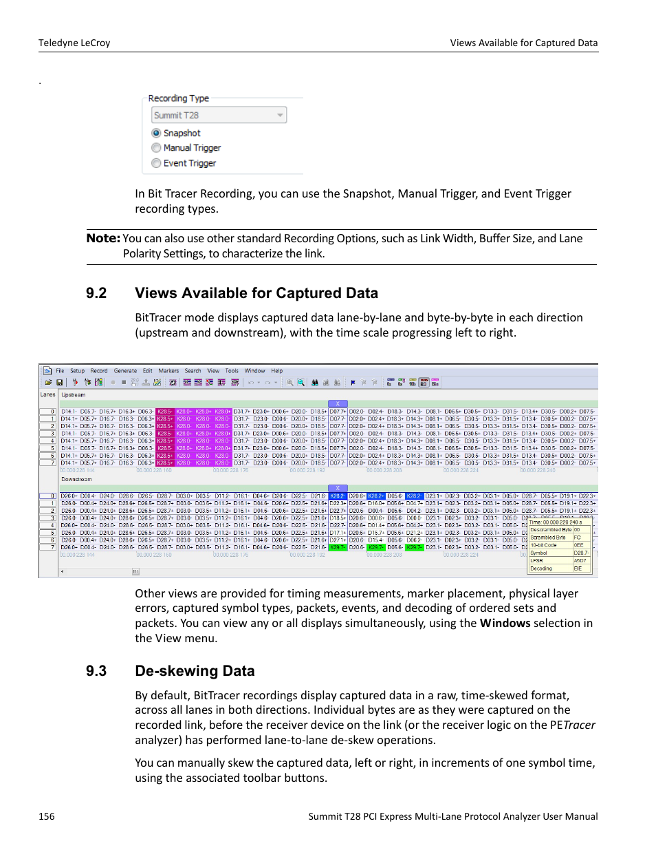 2 views available for captured data, 3 de-skewing data | Teledyne LeCroy Summit T28 PCIe Multi-lane Protocol Analyzer User Manual User Manual | Page 168 / 256