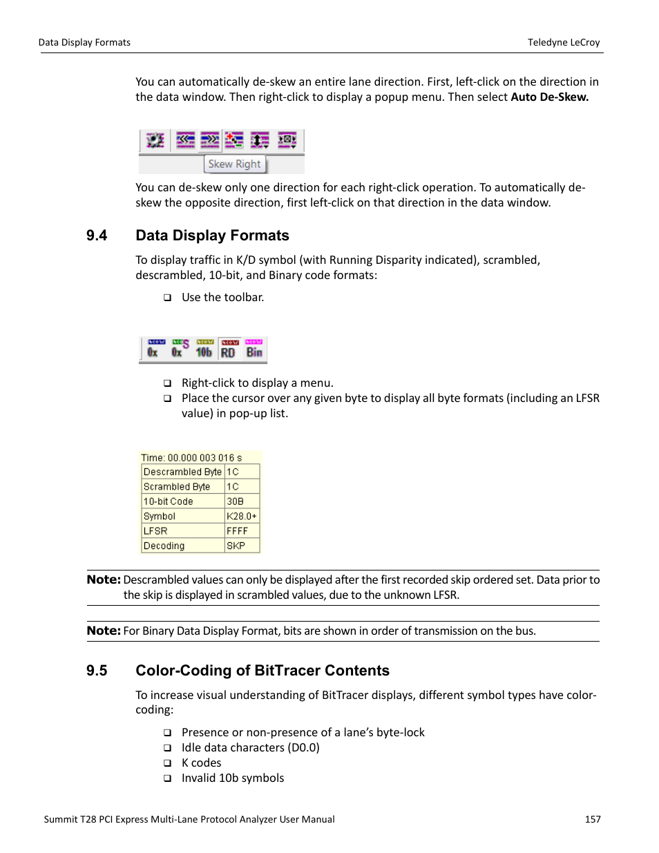 4 data display formats, 5 color-coding of bittracer contents | Teledyne LeCroy Summit T28 PCIe Multi-lane Protocol Analyzer User Manual User Manual | Page 169 / 256