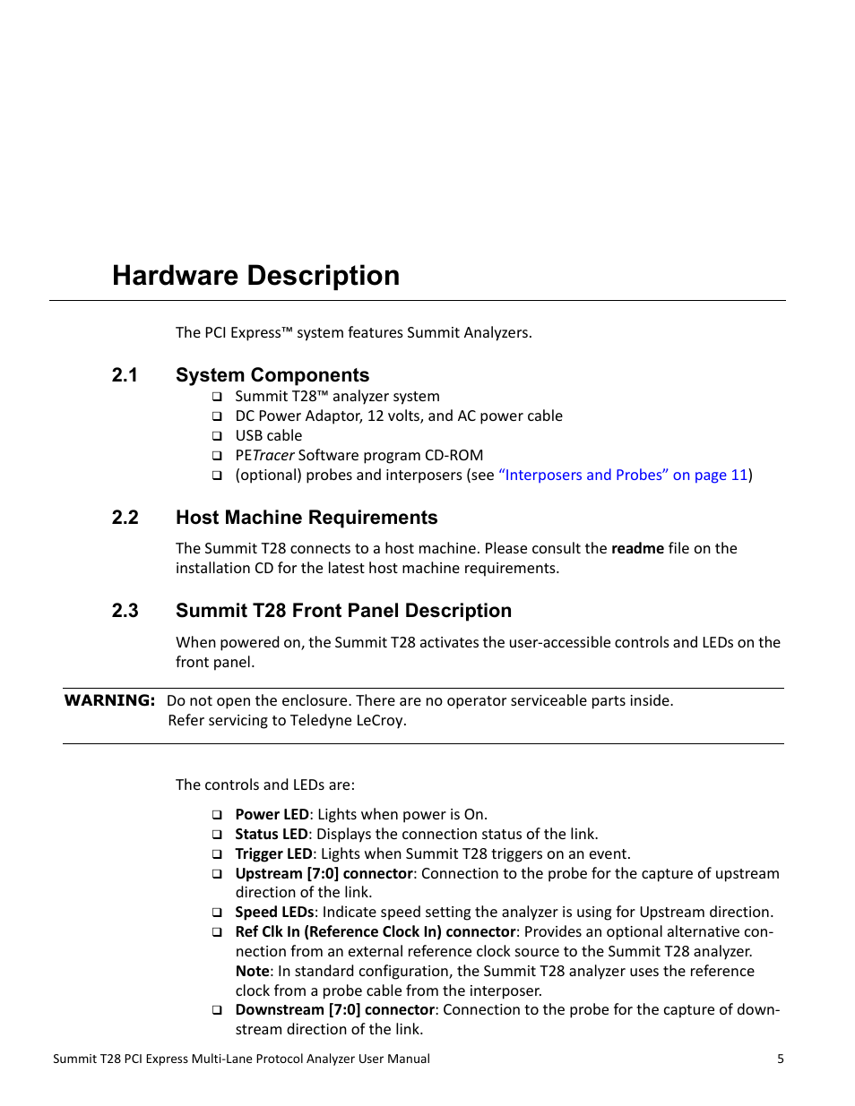 Hardware description, 1 system components, 2 host machine requirements | 3 summit t28 front panel description, Chapter 2: hardware description, Chapter 2 | Teledyne LeCroy Summit T28 PCIe Multi-lane Protocol Analyzer User Manual User Manual | Page 17 / 256