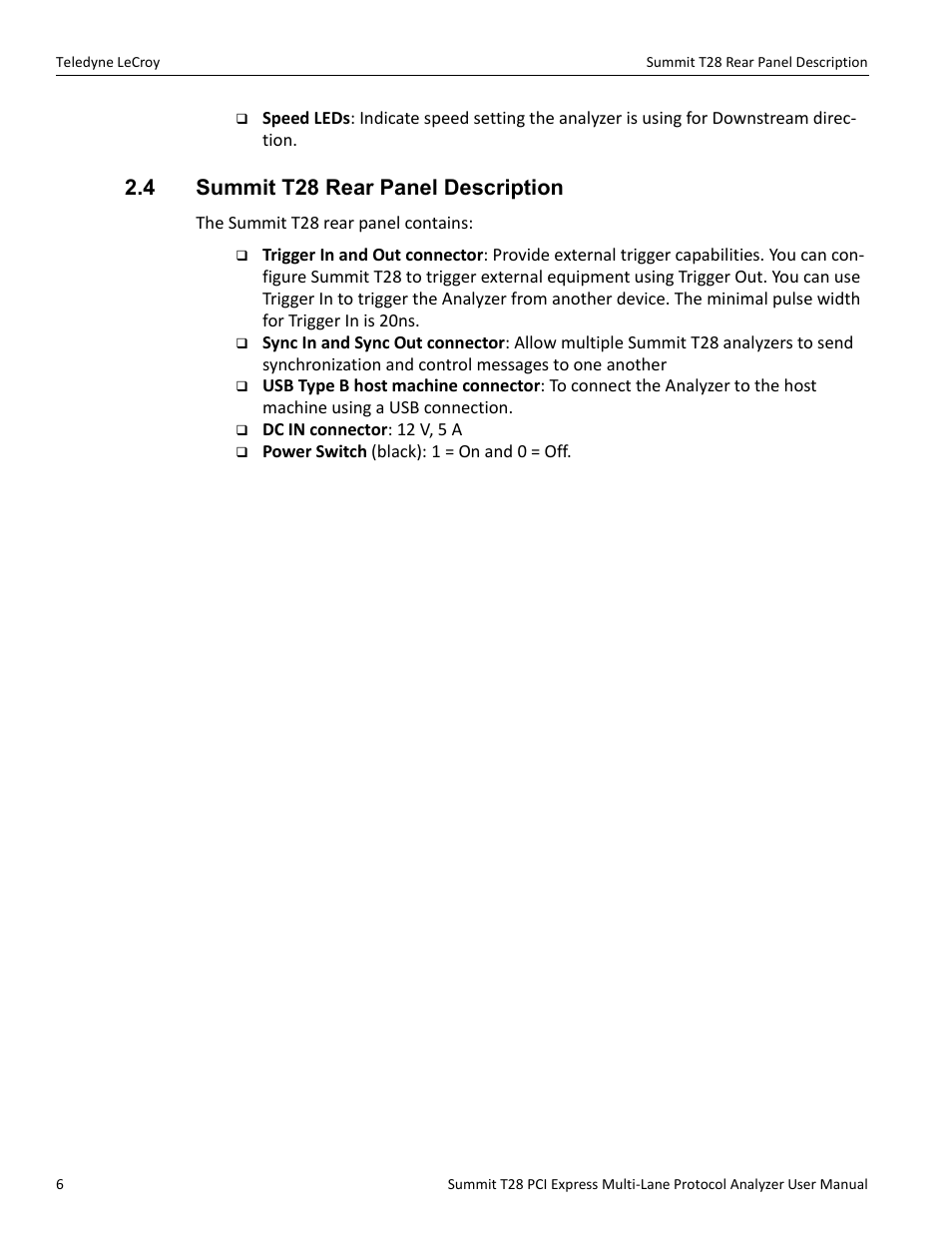 4 summit t28 rear panel description | Teledyne LeCroy Summit T28 PCIe Multi-lane Protocol Analyzer User Manual User Manual | Page 18 / 256