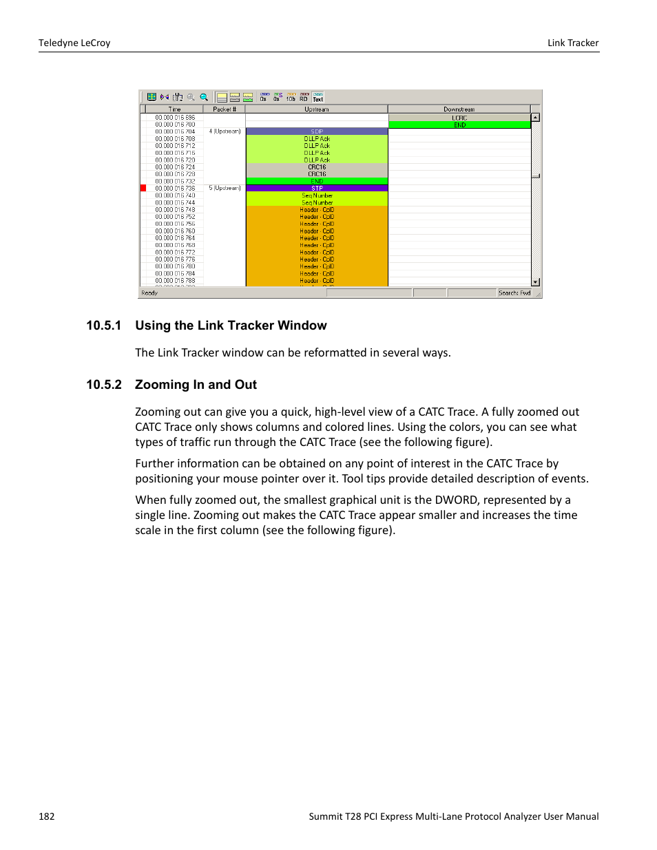 1 using the link tracker window, 2 zooming in and out | Teledyne LeCroy Summit T28 PCIe Multi-lane Protocol Analyzer User Manual User Manual | Page 194 / 256