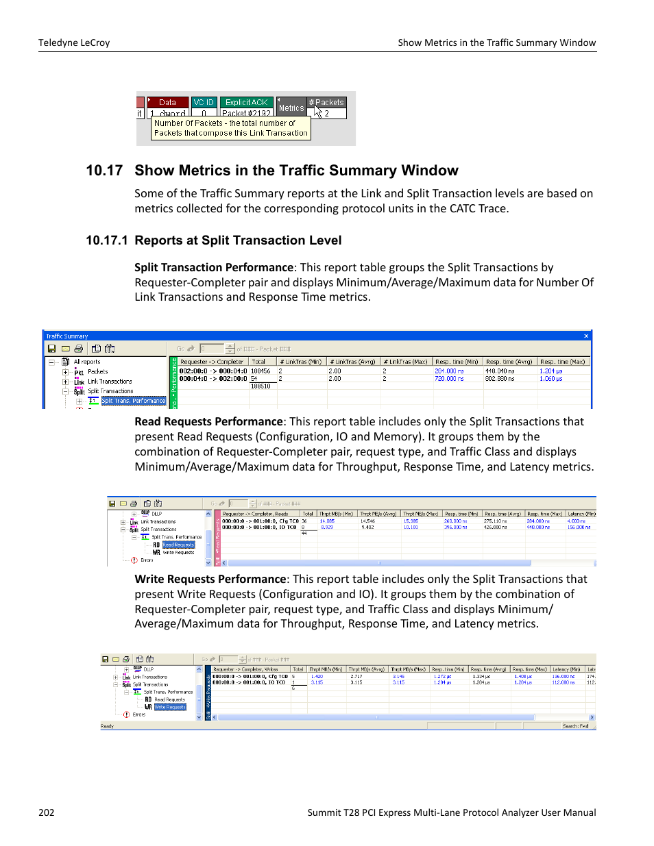 17 show metrics in the traffic summary window, 1 reports at split transaction level | Teledyne LeCroy Summit T28 PCIe Multi-lane Protocol Analyzer User Manual User Manual | Page 214 / 256